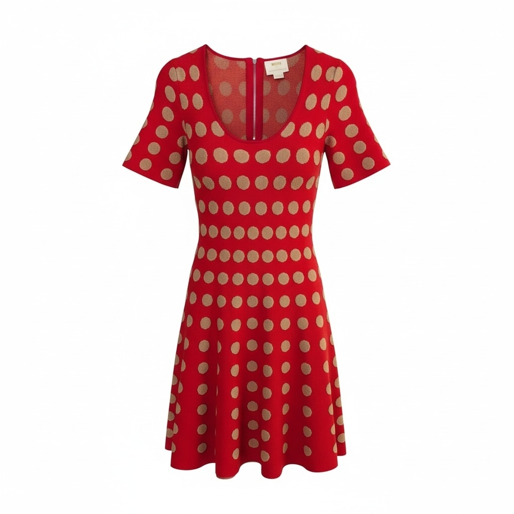 Maeve by Anthropologie Red Gold Polka Dot Knit Fit Flare Dress XS Retro Mod